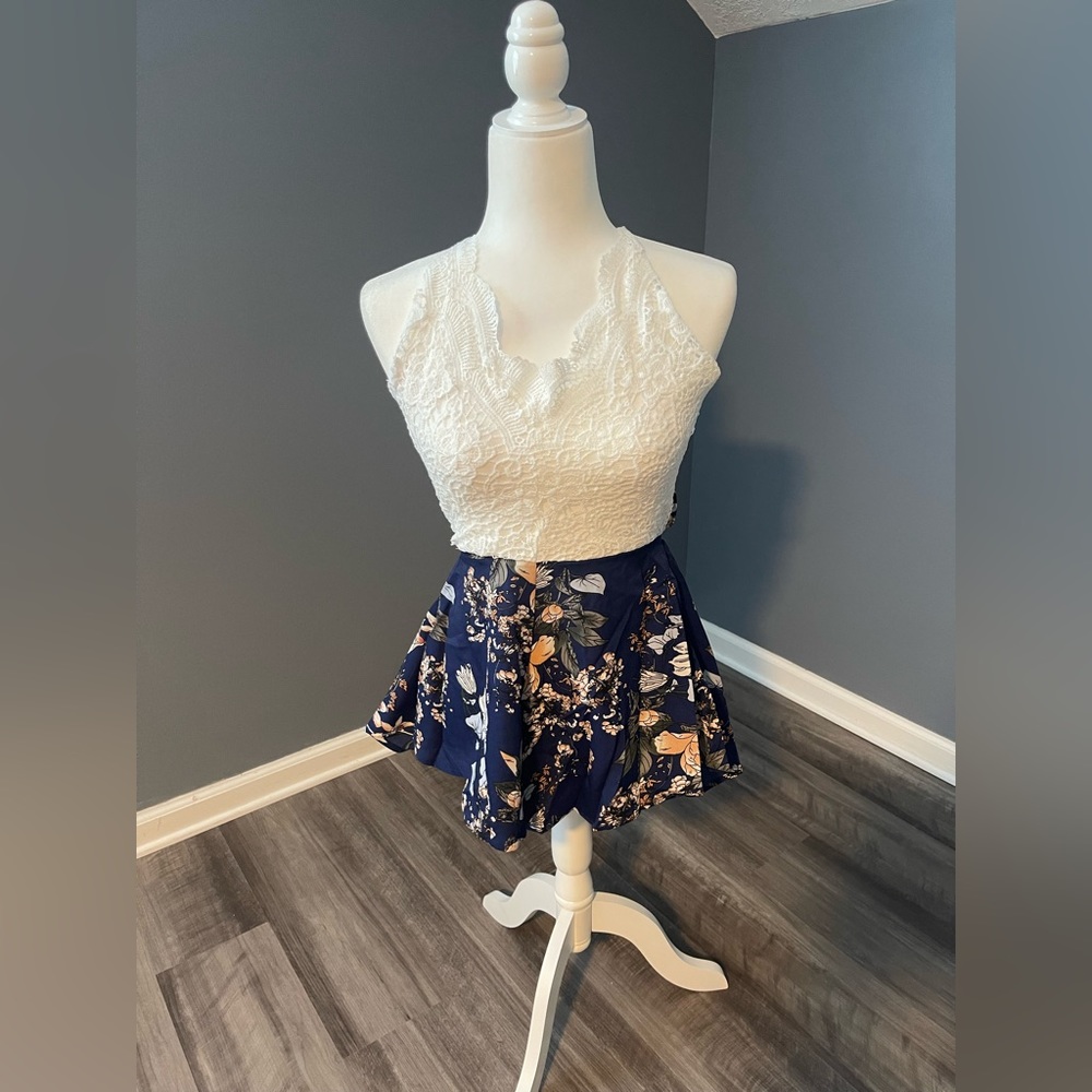 Crochet lace Floral Print Self-Tie Romper